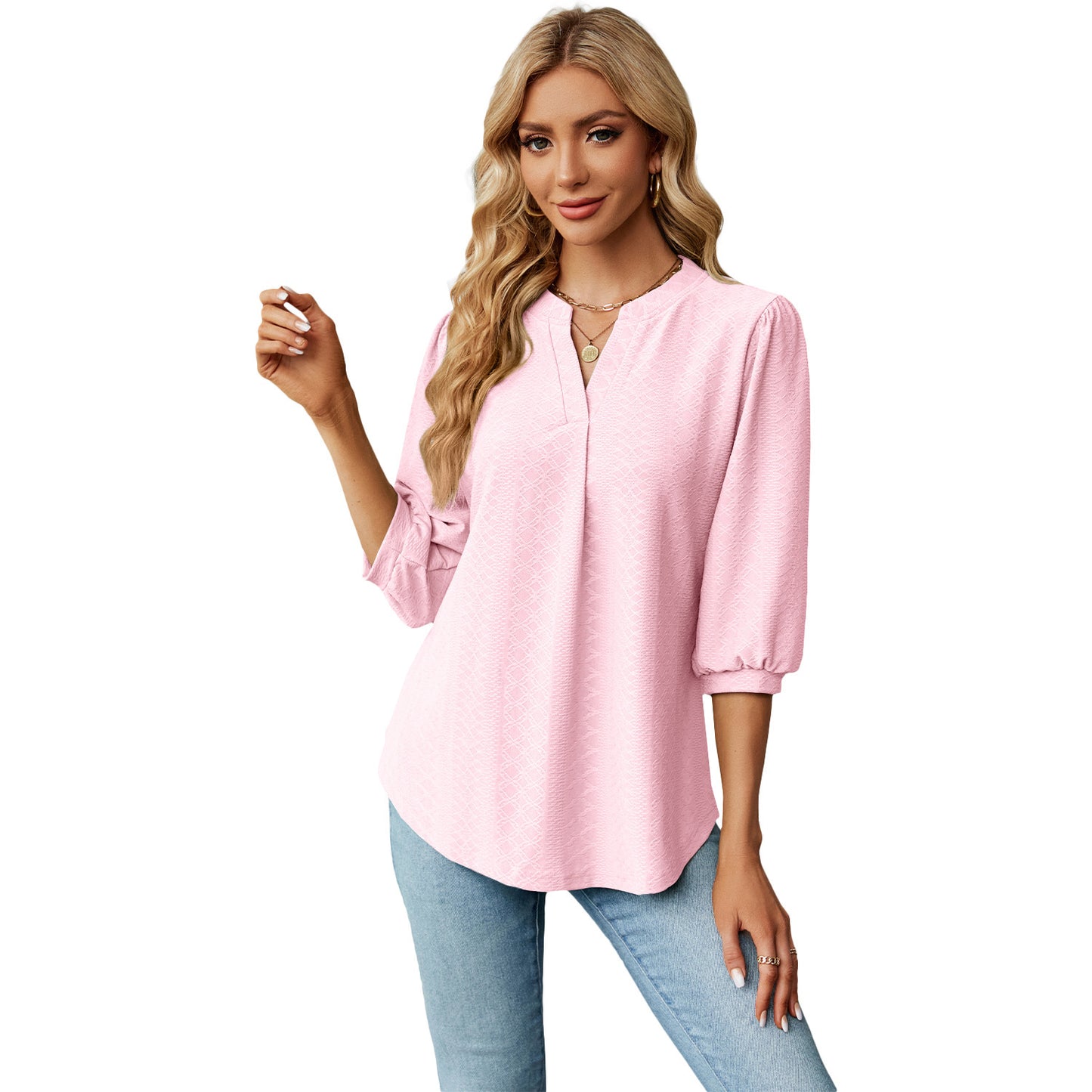 Jacquard Long Sleeve Loose-Fitting T-Shirt