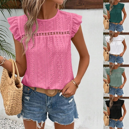 Lace Solid Color Ruffled Short Sleeve Blouse