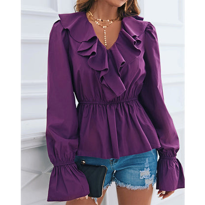 Ruffled V-neck Bottoming Purple Blouse