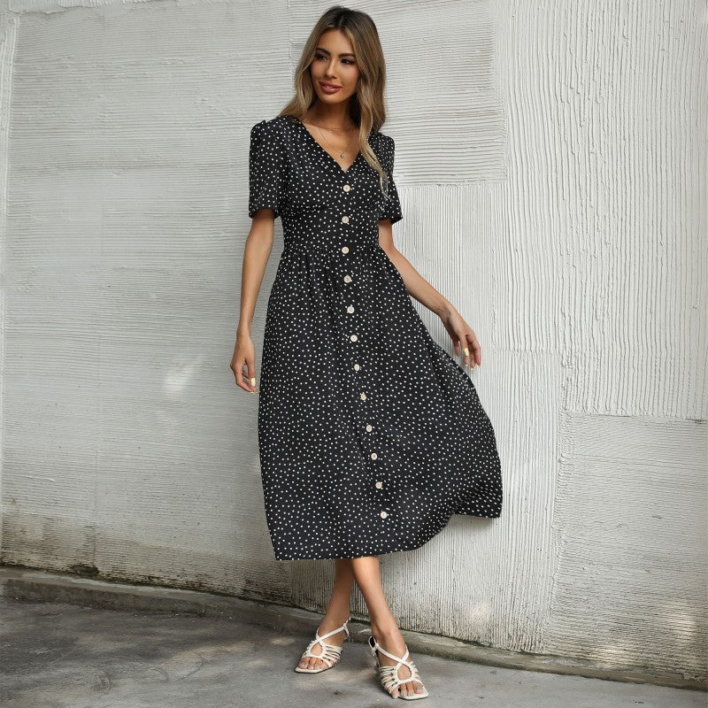 Cross-border V-neck Short Sleeve Polka Dot Dress