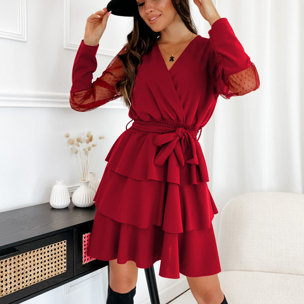 Patchwork Mesh Sleeve Long Sleeve Dress