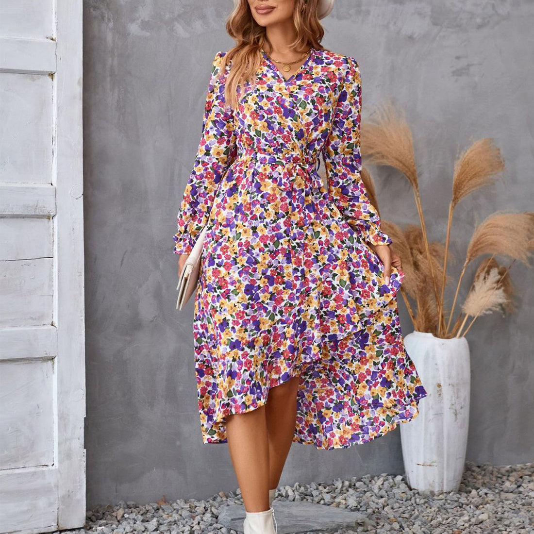 Flowers Print Long Sleeve Dress Ruffled