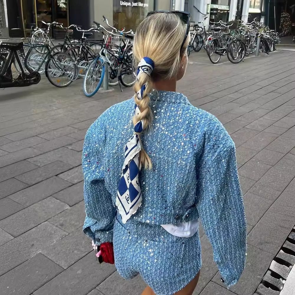 Denim Sequined Jacket & Shorts Pants