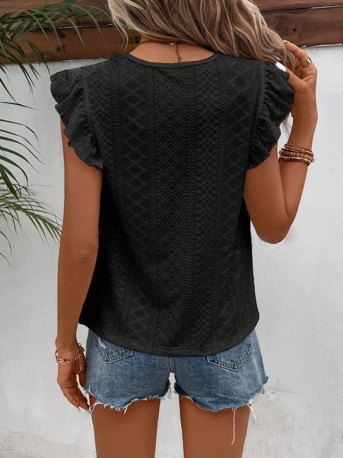 Lace Solid Color Ruffled Short Sleeve Blouse