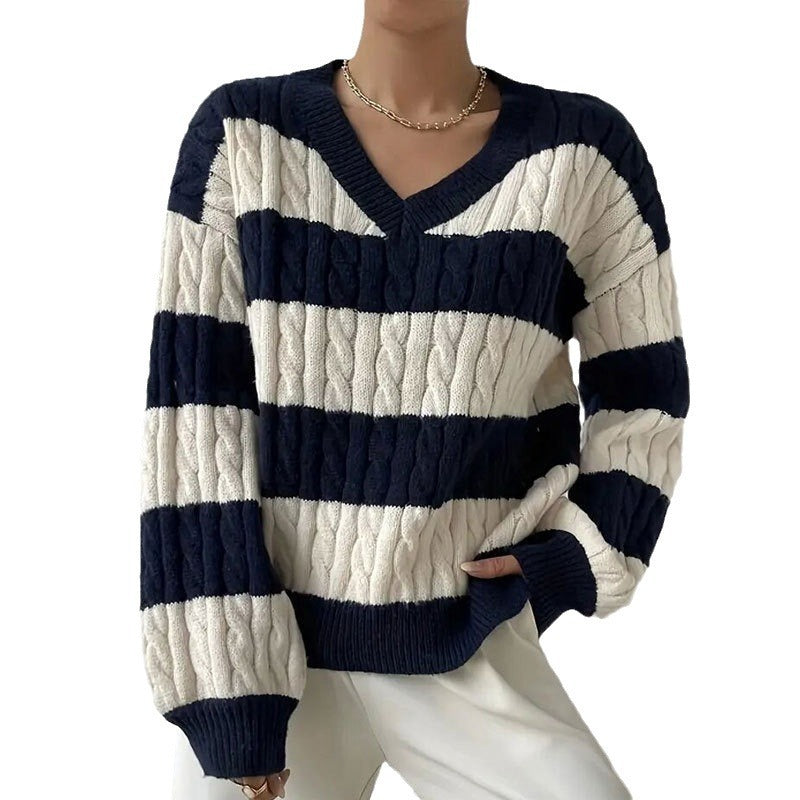 V-neck Long Sleeve Striped All-matching Sweater - Magic Moon Store