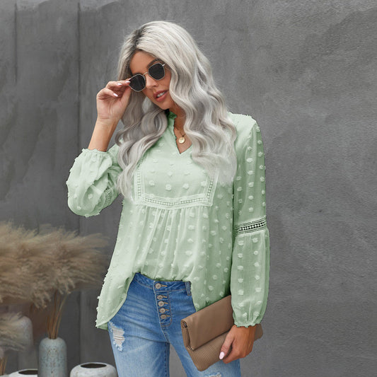 Lace Dotted V-neck Chiffon Blouse