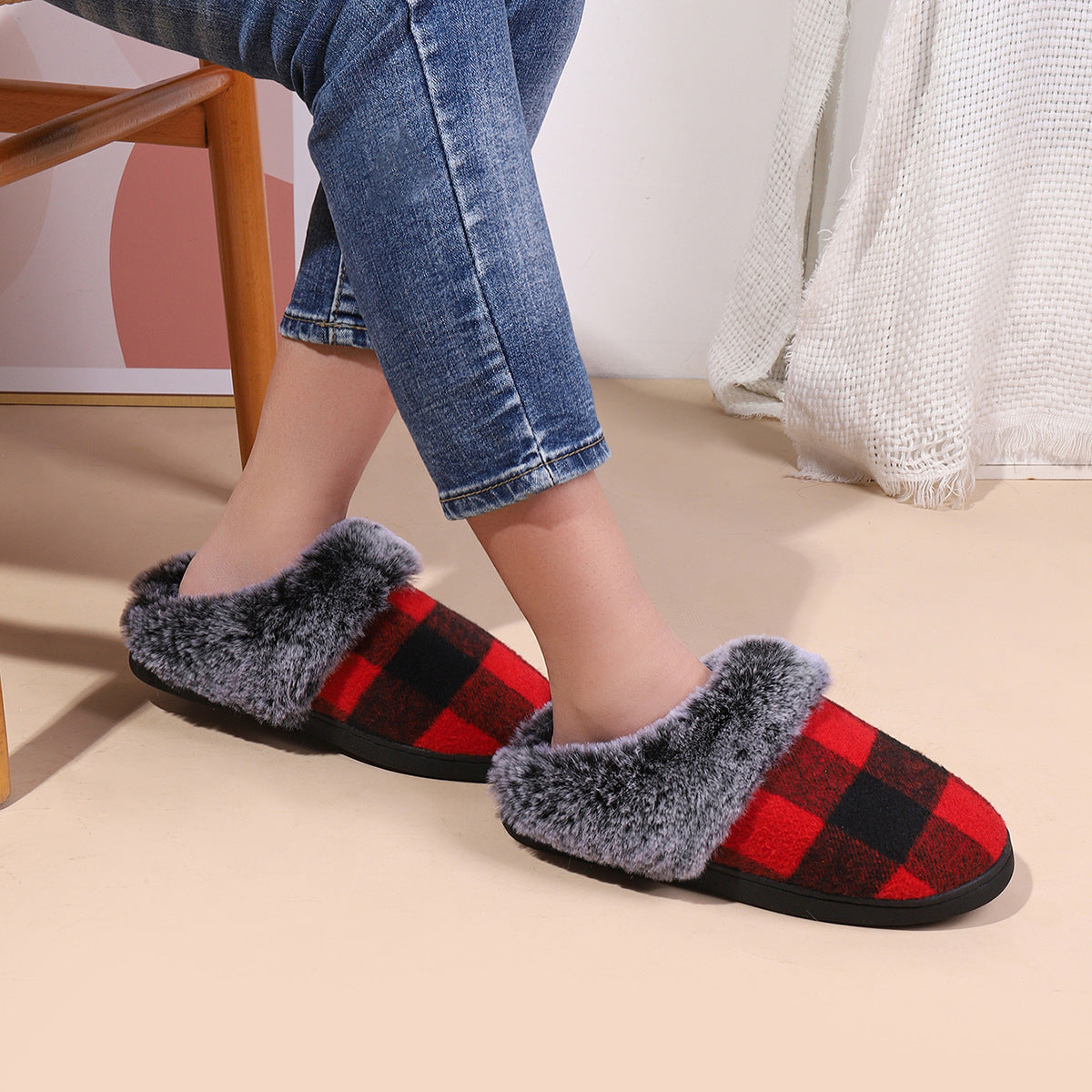 Plaid Soft Plush Slippers Home Indoor Non-slip