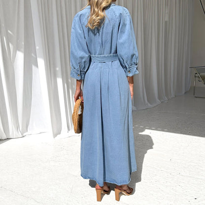 Button Down Denim Dress with Lace Up Waist Trim