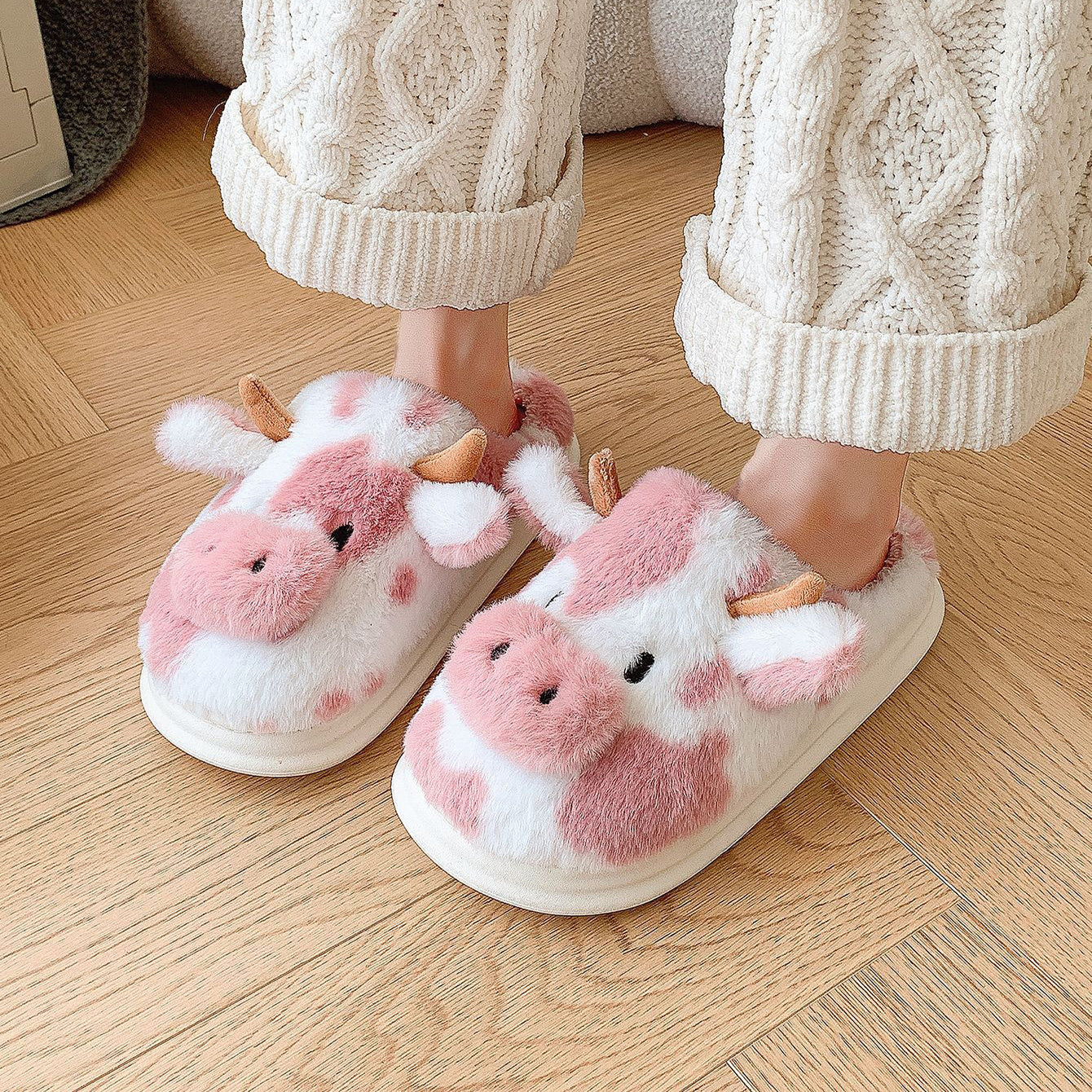 Cute Cartoon Cow Plush Slippers Winter Warm Indoor Bedroom Floor Fuzzy Slipper