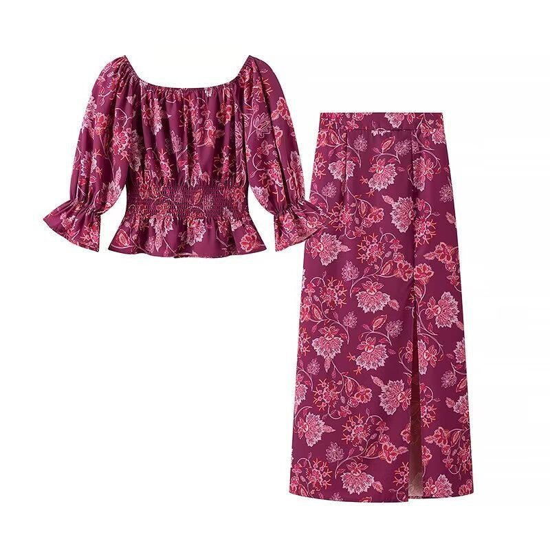 Off Shoulder Fuchsia Top & High Waist Skirt Set - Magic Moon Store