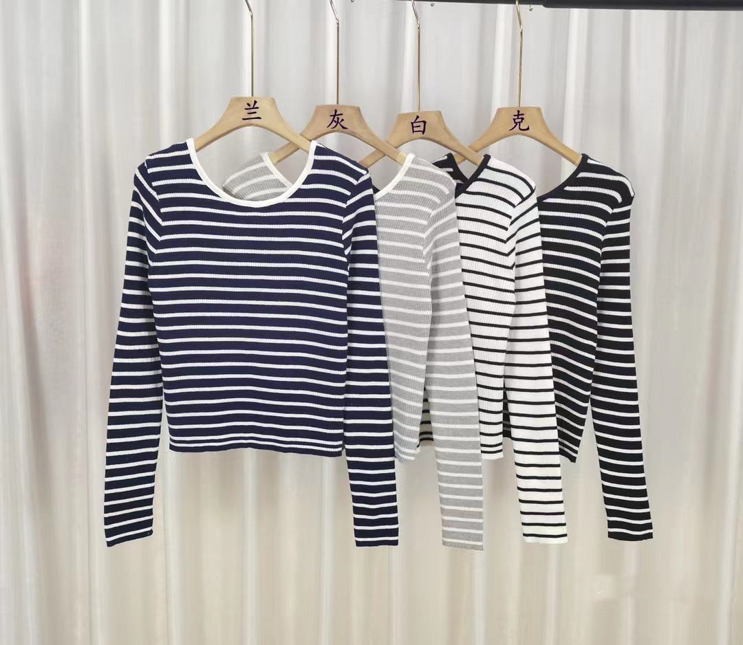 Long-sleeved Striped T-shirt Collar Back