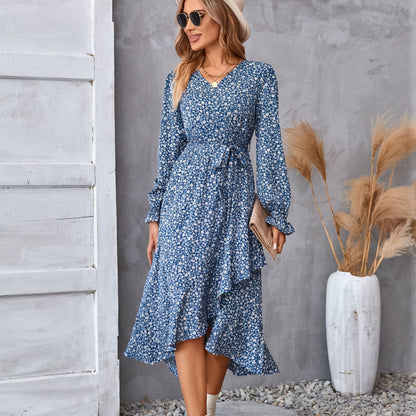 Flowers Print Long Sleeve Dress Ruffled