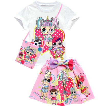 Girls Cartoon Printed Short Sleeves And Skirt Pink Doll Suit