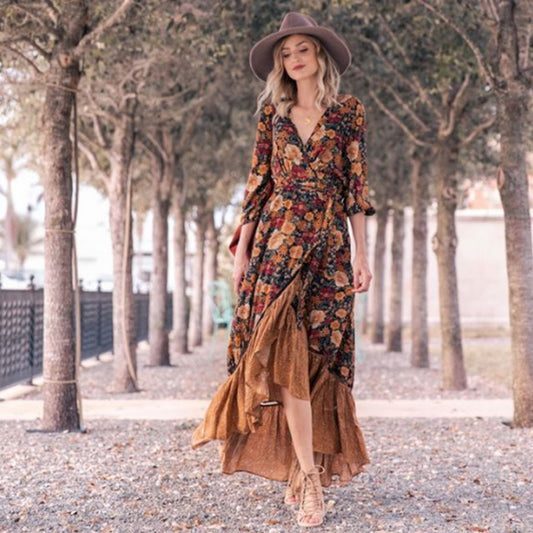 Long sleeve print Retro Long Brown Dress