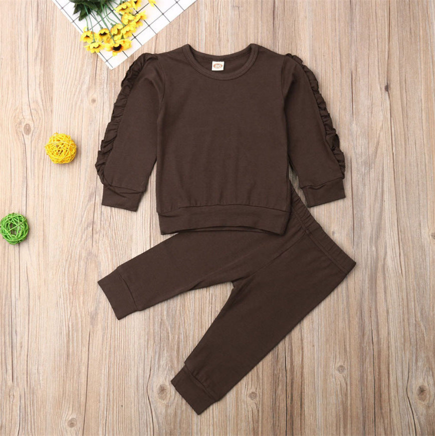 Conjunto de 2 piezas de ropa para bebés recién nacidos, niños y niñas, jersey con volantes, sudadera de manga larga lisa, pantalones, ropa de otoño