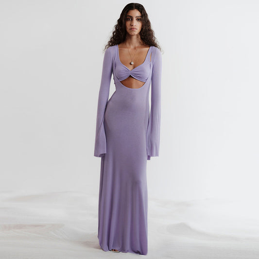 U-shaped Collar Long Sleeve Waist-tight Maxi Dress Magic Moon Store