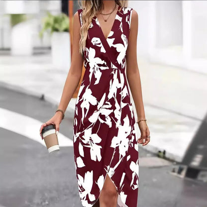 Printed Flower V-neck Sleeveless Dress