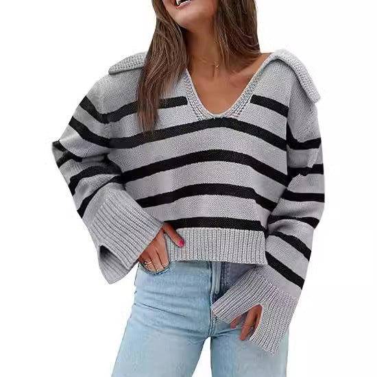 V-neck Large Lapel Short Knitted Sweater