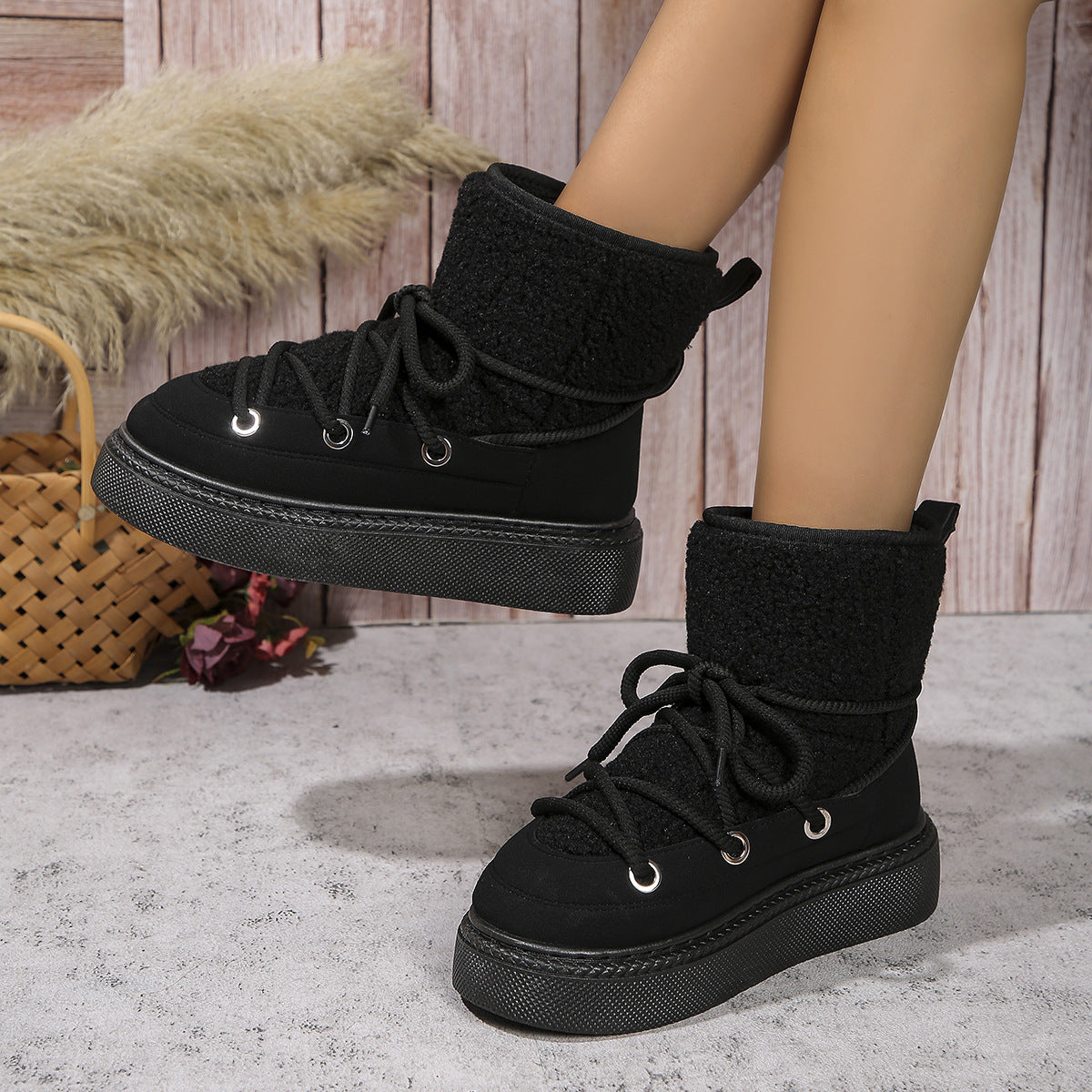 Lace-up Snow Flat Thick-soled Cotton Boots - Magic Moon Store