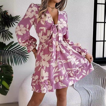 Floral V-Neck Long Sleeve Dress Fashion Ruffles Bowknot A-Line