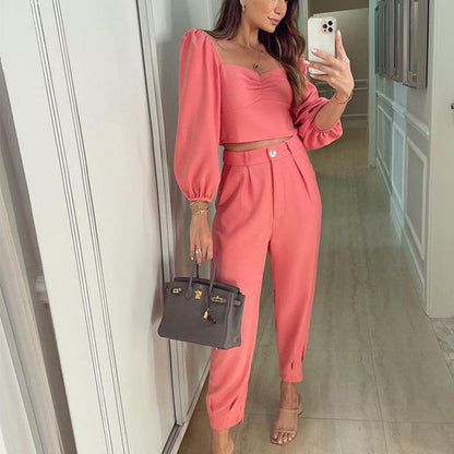 Long Sleeve Top High Waist Ankle-tied Trousers Set