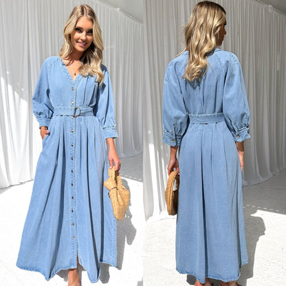 Button Down Denim Dress with Lace Up Waist Trim