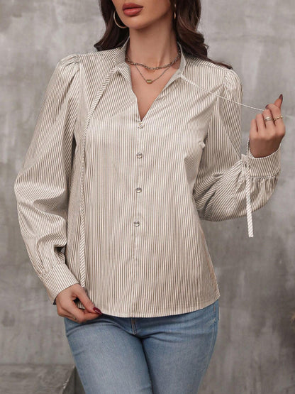 Lace Up Button Striped Long Sleeve Shirt