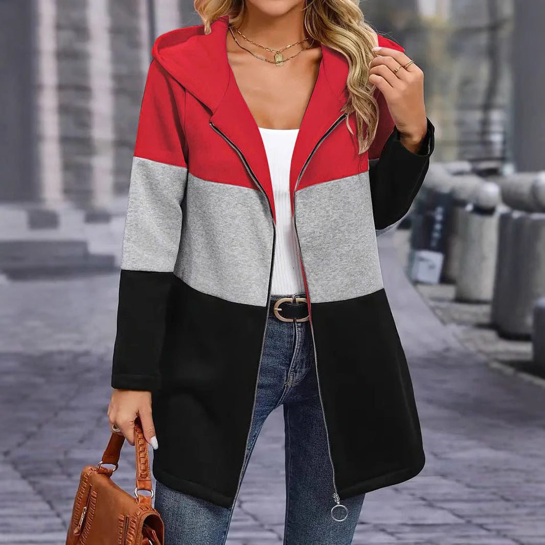 Loose Color Contrast Patchwork Hooded Jacket