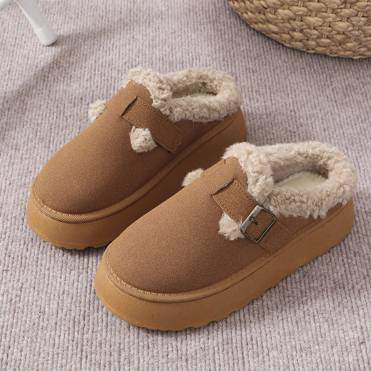 Thick-soled Plush Buckle Cotton Slippers