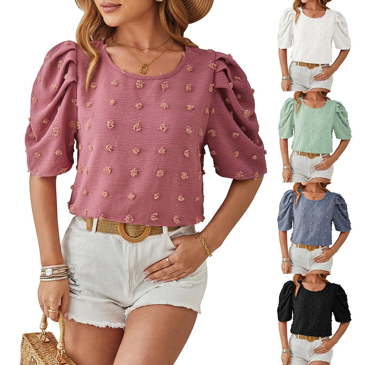 Jacquard Fur Ball Short Sleeve Blouse