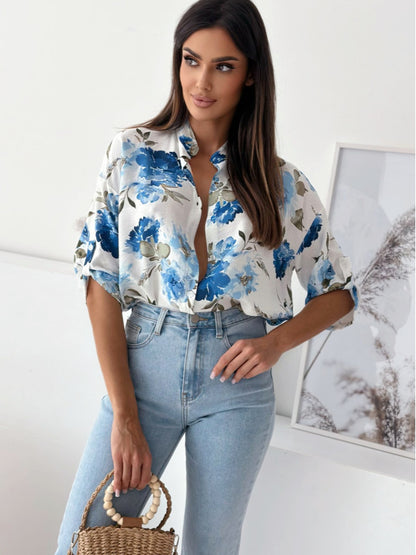 Loose Casual Print Shirt Half Collar Top