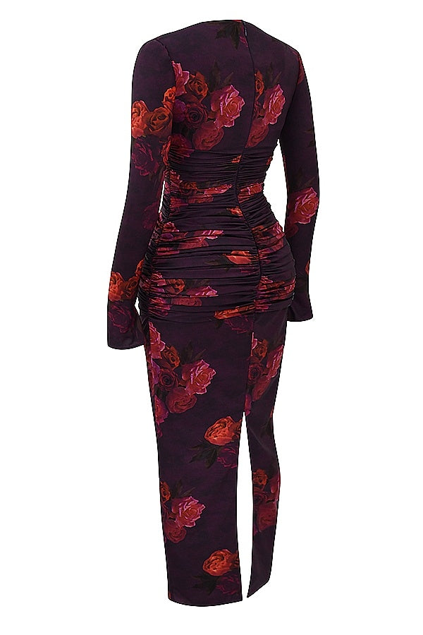 Vintage Print Slim fit Houfu Split Evening Dress