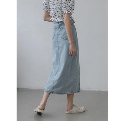 Retro side slit denim skirt