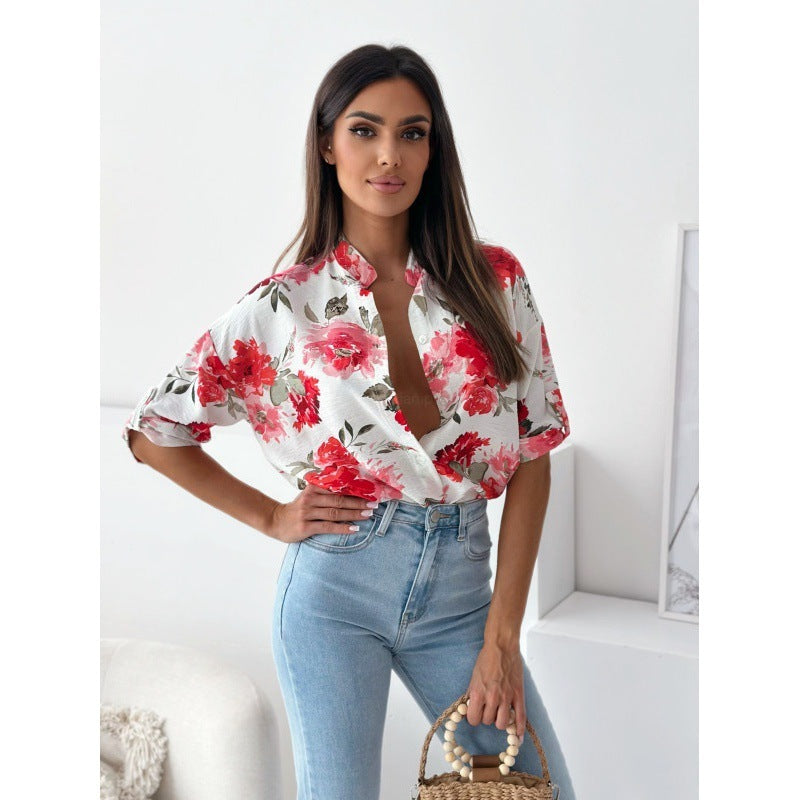 Loose Casual Print Shirt Half Collar Top