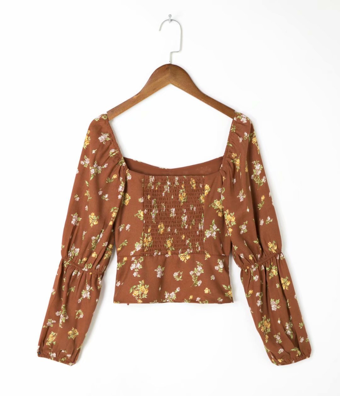 Slim Fit Long Sleeve Printed Brown Floral Blouse - Magic Moon Store