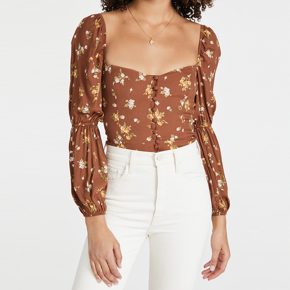 Slim Fit Long Sleeve Printed Brown Floral Blouse - Magic Moon Store