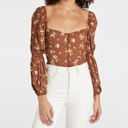 Slim Fit Long Sleeve Printed Brown Floral Blouse - Magic Moon Store