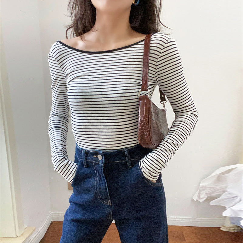 Long-sleeved Striped T-shirt Collar Back