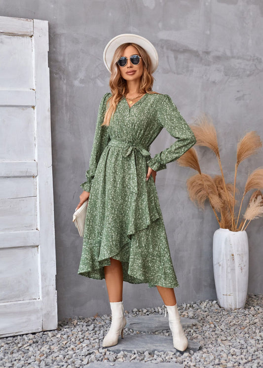 Flowers Print Long Sleeve Dress Ruffled MAGIC MOON STORE