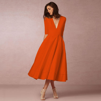 Deep V- Neck Mid-sleeve Large Swing Dress