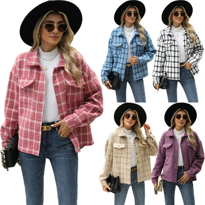 Lapel Plaid Long Sleeve Baggy Coat