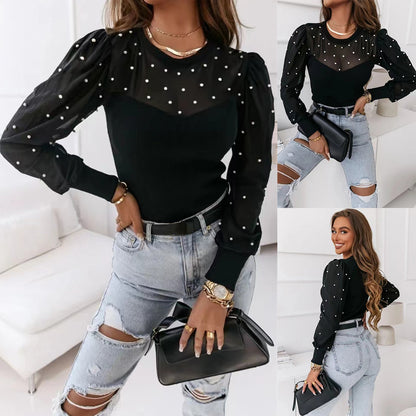 Mesh Beaded Stitching Long-sleeved Black Top