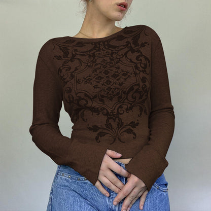 Waffle Round Printed Long Sleeve Pullover for Women