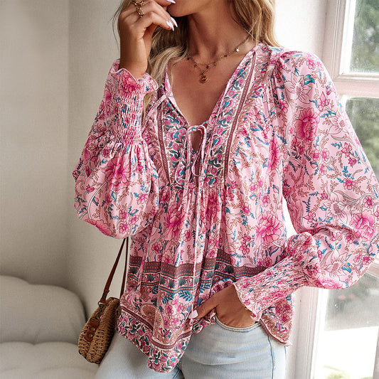 Women's V-neck Long Sleeve Floral Tunic