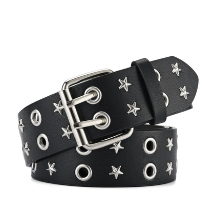 Punk Double Pin Buckle Five star Leather Black Belt