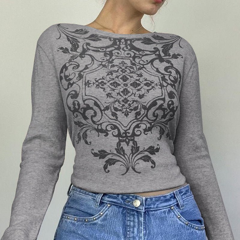 Waffle Round Printed Long Sleeve Pullover for Women