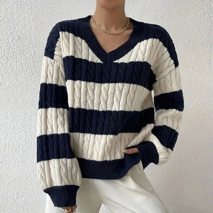 V-neck Long Sleeve Striped All-matching Sweater - Magic Moon Store