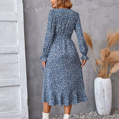 Flowers Print Long Sleeve Dress Ruffled