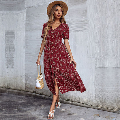 Cross-border V-neck Short Sleeve Polka Dot Dress