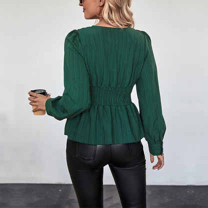 Women's V-neck Slim Green Blouse